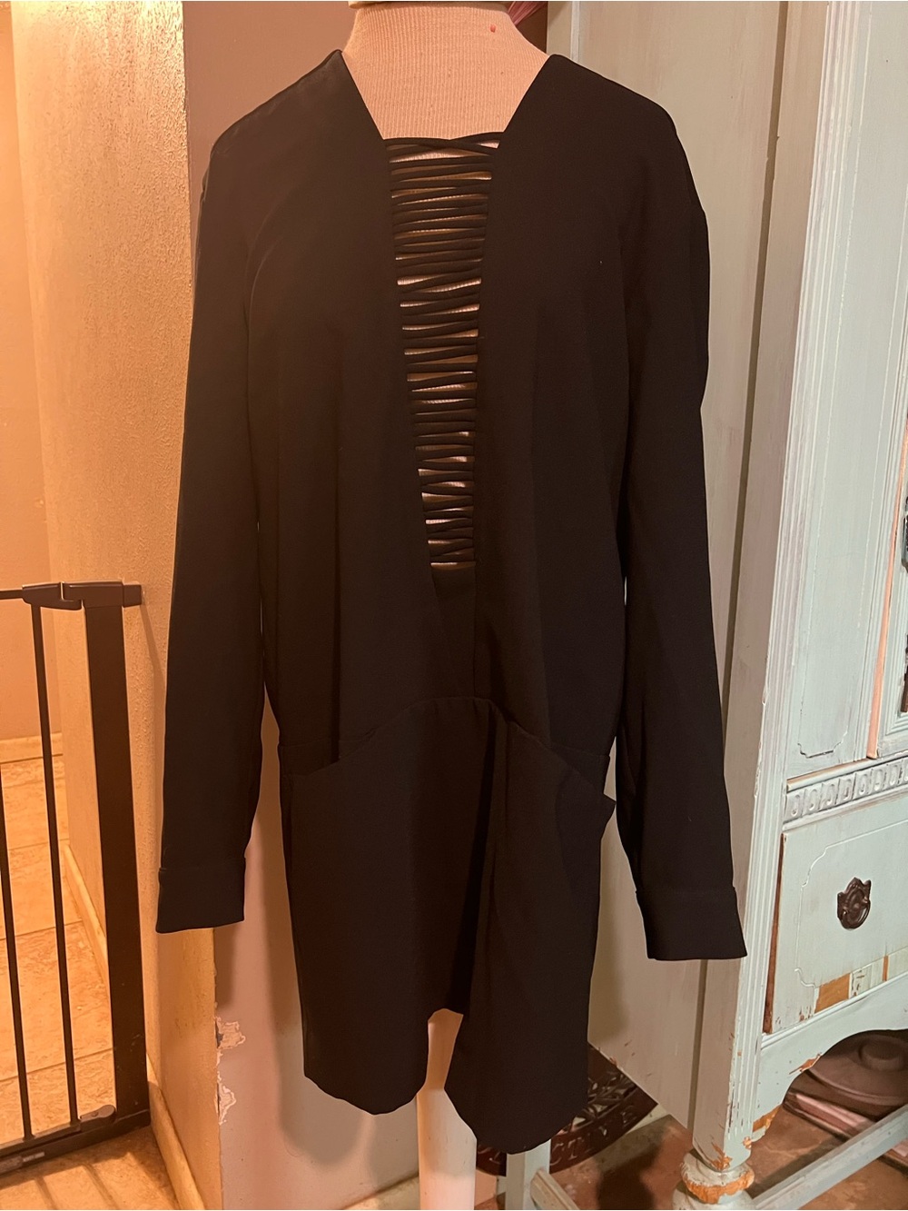 IRO Odriane Crepe Mini BlackDress Front Deep V Cross Straps Size 38 US Size 6